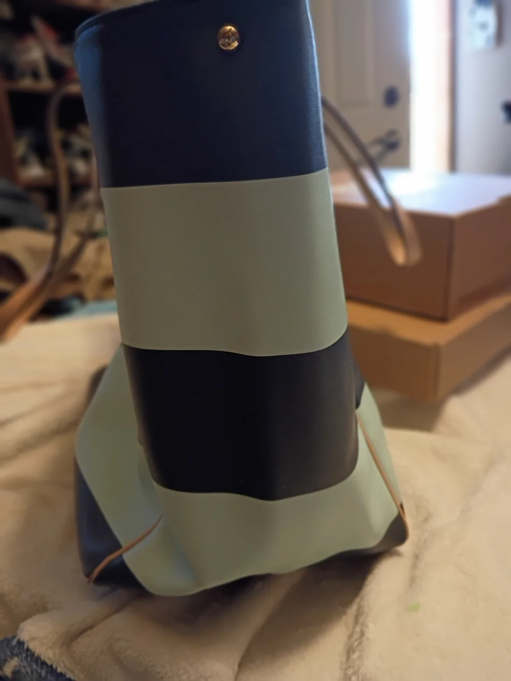 kate spade Blue and Teal Striped Tote with Tan Handles